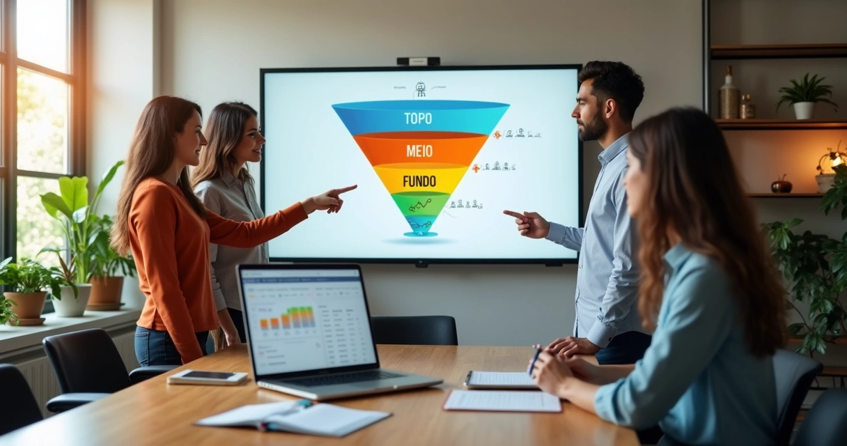 Equipe analisando funil de vendas em tela grande com ícones de clientes 