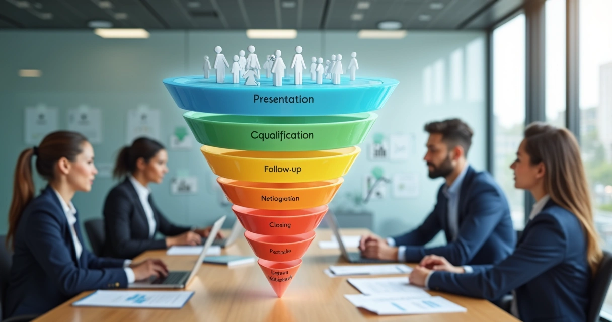 Gráfico em forma de funil de vendas ao lado de equipe em reunião de negócios 