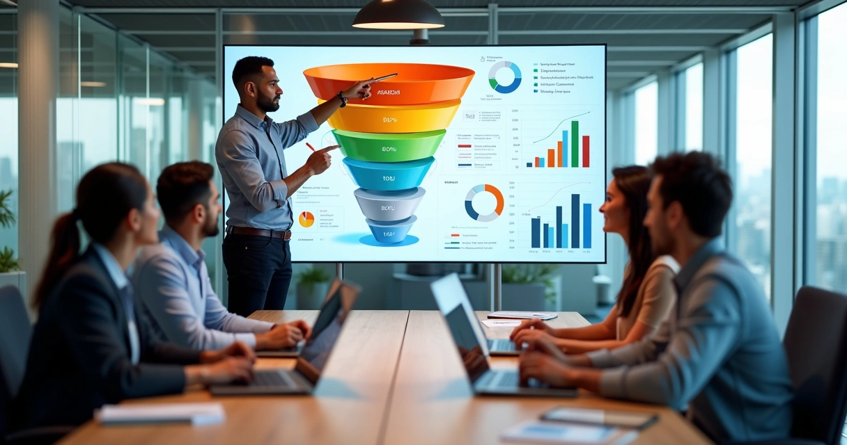 Gestor de vendas analisando funil de vendas em grande tela com equipe ao redor 