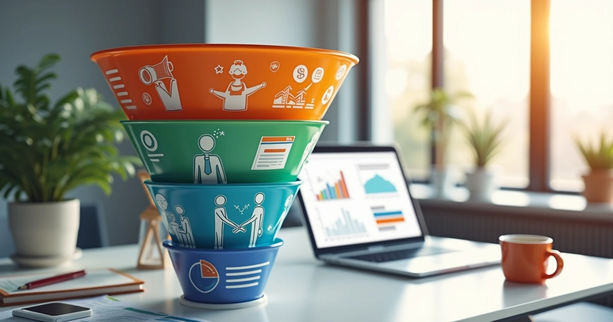 Representação detalhada e realista de um funil de vendas com etapas coloridas e ícones para atração, conversão e retenção de clientes 