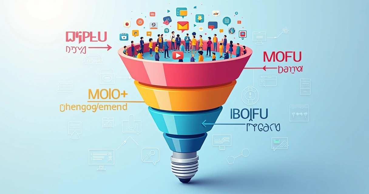 Representação visual do funil de vendas com etapas coloridas e ícones indicativos das fases. 