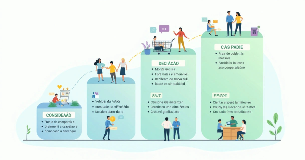 Diagrama do funil de vendas mostrando etapas de conscientização, consideração, decisão e pós-venda.