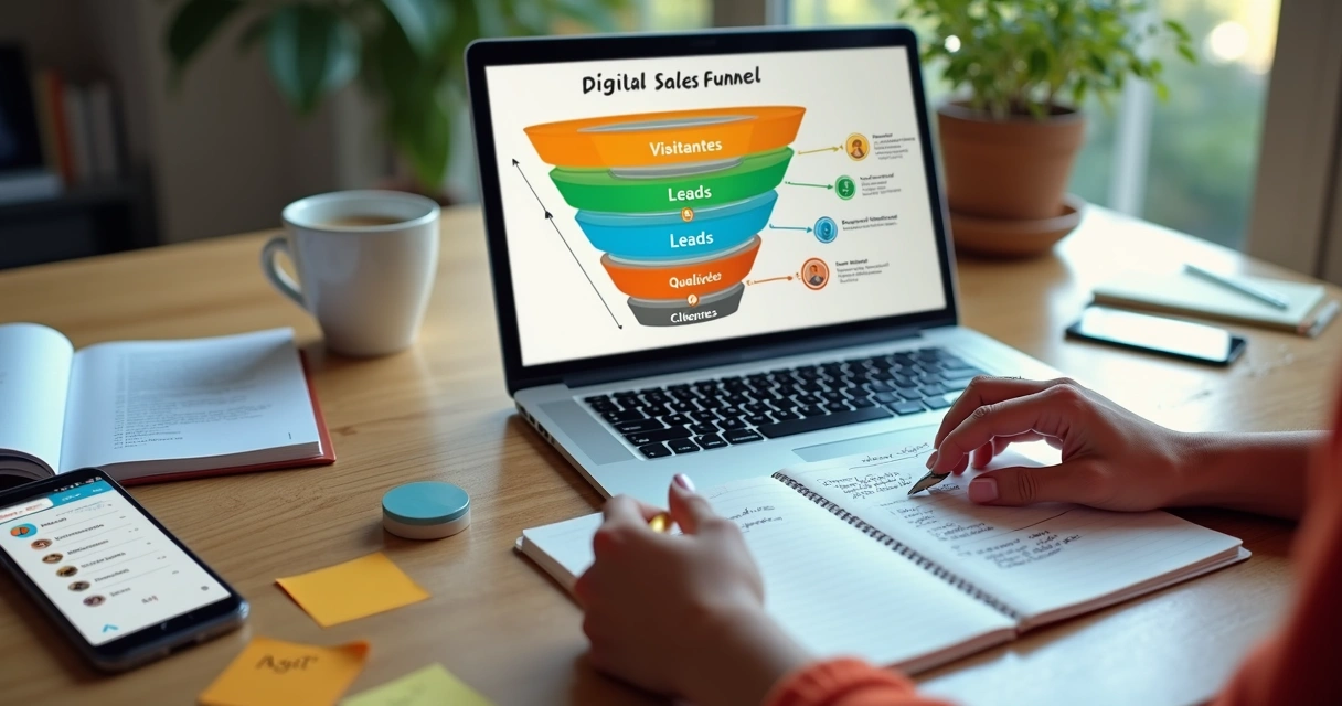 Empreendedora organizando funil de vendas com leads no notebook 