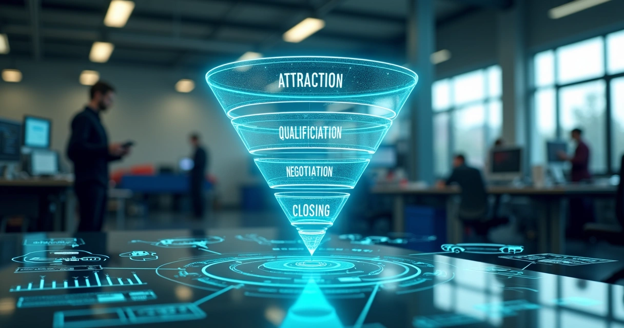 Representação detalhada do funil de vendas aplicado em oficinas automotivas, mostrando etapas de atração, qualificação, negociação e fechamento com gráficos e ícones setoriais 