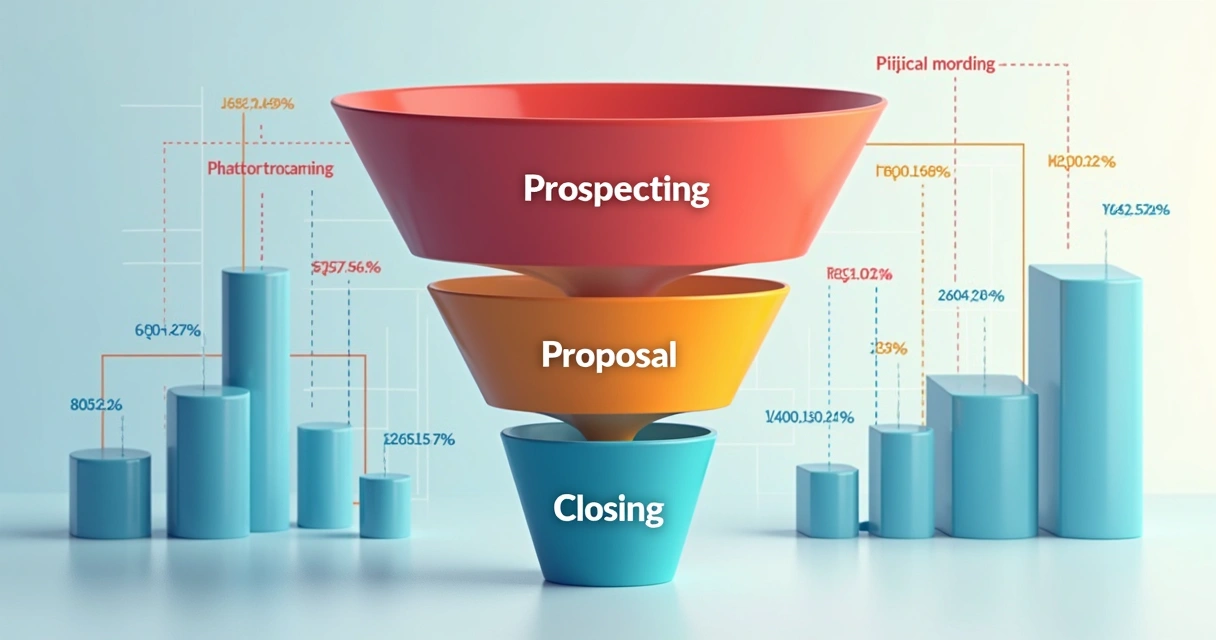 Funil de vendas dividido em estágios, representando cada etapa com porcentagens distintas para cada fase, com gráficos de barras ao fundo 