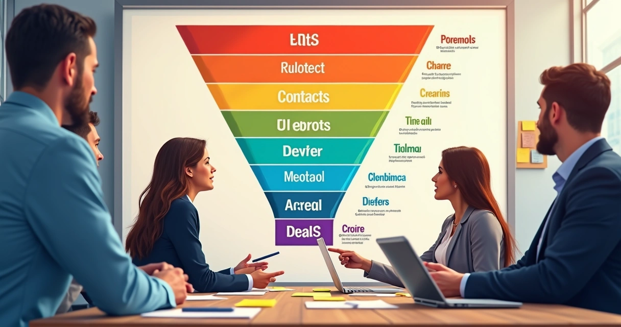 Quadro colorido ilustrando funil de vendas dividido por etapas 