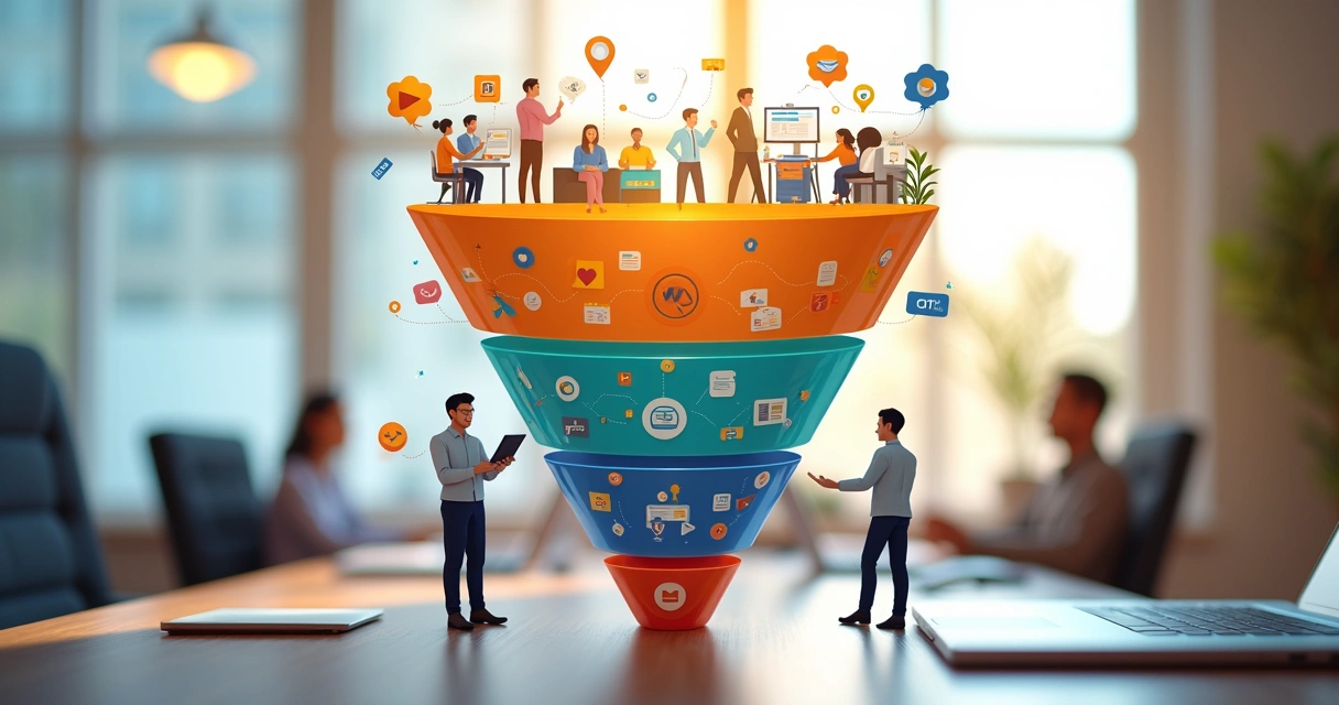 Representação visual detalhada de um funil de vendas dividido em topo, meio e fundo com ícones ilustrando etapas do processo comercial para pequenos negócios 