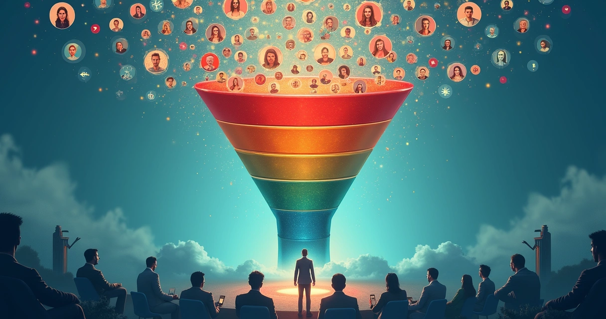 Representação visual de um funil de vendas B2B desequilibrado com topo inflado e base fina. 