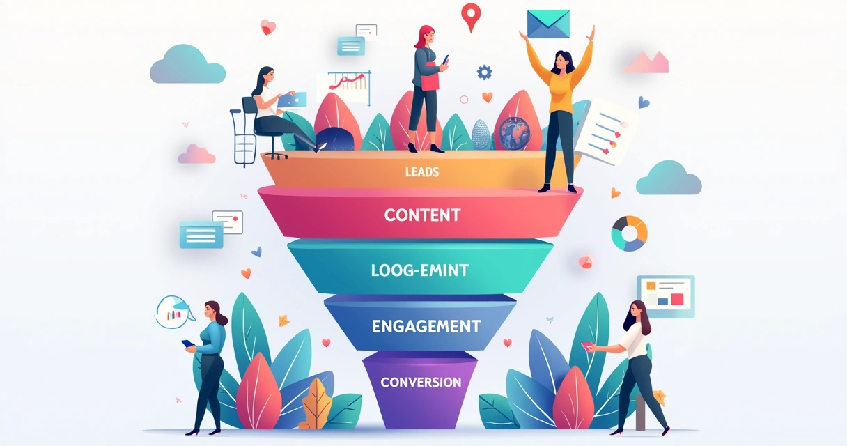 Ilustração de funil digital com ícones representando etapas da qualificação de leads 