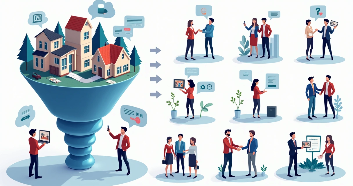 Ilustração de etapas do funil de vendas imobiliário digital 