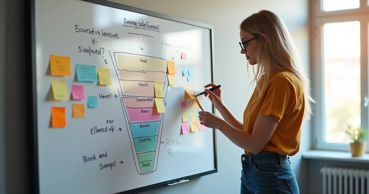 Quadro branco sendo atualizado com etapas dinâmicas do funil de vendas