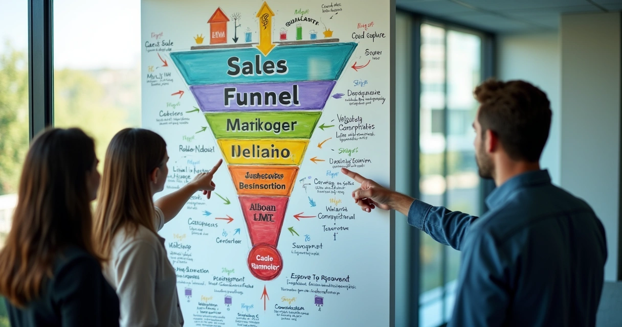 Fluxo visual de funil de vendas educacional, setas mostrando passagem de leads 