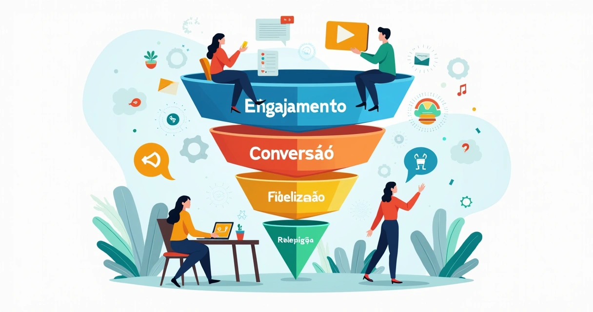 Funil eleitoral ilustrado com etapas de engajamento digital 