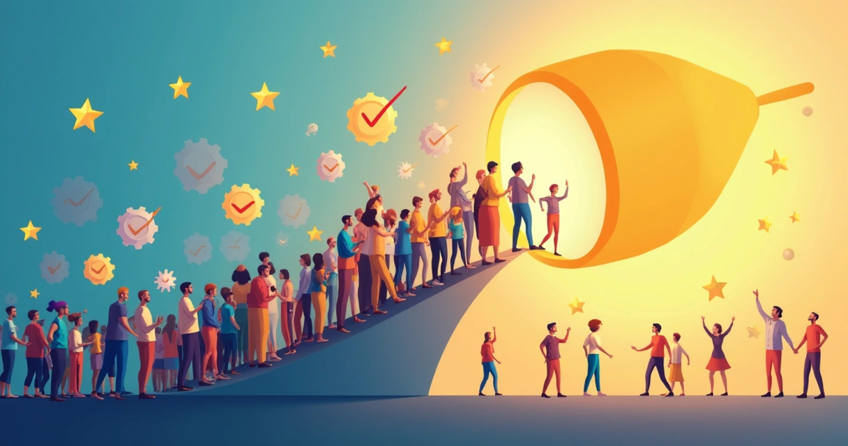 Diversos clientes entrando em funil e saindo clientes felizes do outro lado 