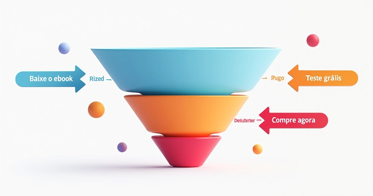 Ilustração de um funil de vendas com CTAs em cada etapa 