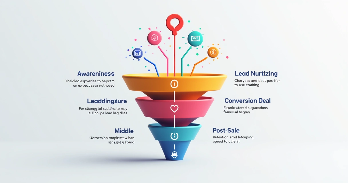 Diagrama colorido mostrando as etapas do funil SaaS de atração à recompra 