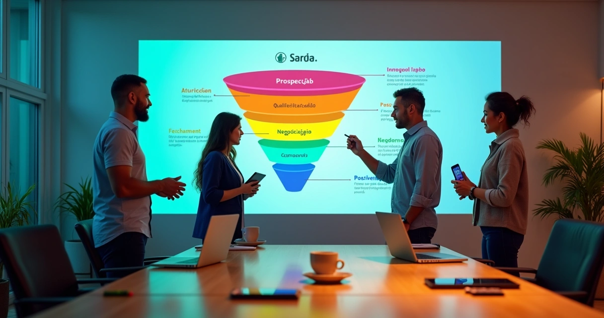 Equipe acompanhando etapas de vendas em funil projetado na parede 