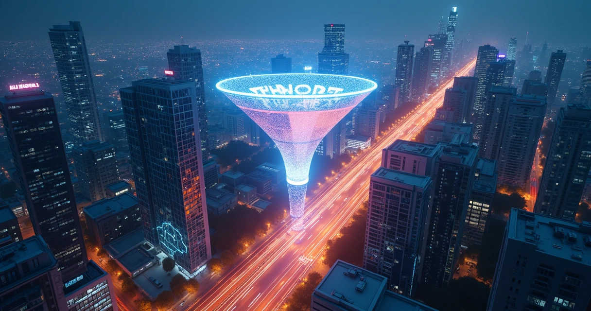 Cidade vista de cima com dois fluxos de luz se unindo em um único funil luminoso 