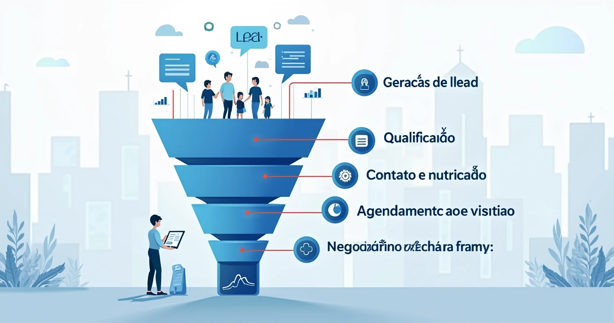 Representação visual de um funil imobiliário com etapas destacadas e setas mostrando o fluxo dos leads 