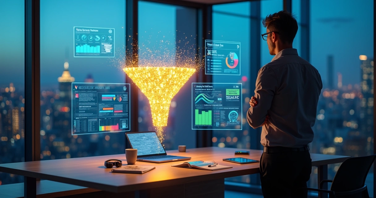 Gestor olhando para funil de inbound com muitos leads perdidos nas laterais 