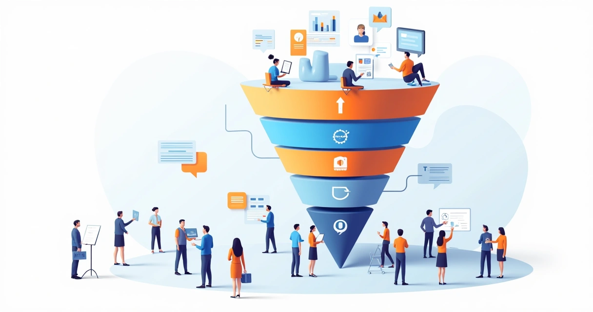 Ilustração do funil de vendas mostrando topo, meio e fundo, com ícones de conteúdo digital e pessoas interagindo 