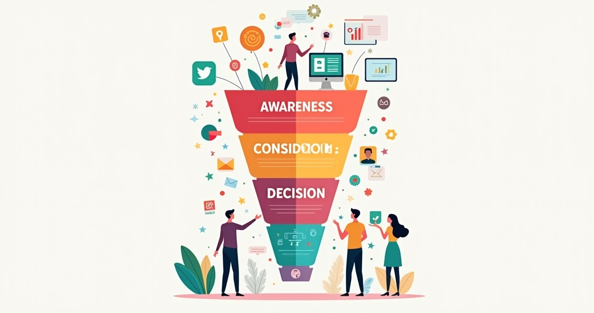 Ilustração de um funil de inbound marketing com etapas coloridas 