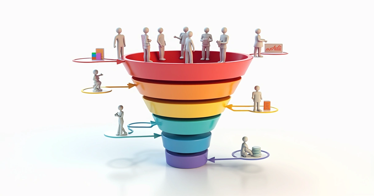 Como sair de 10 para 100 parceiros sem perder qualidade Gráfico 3D colorido representando funil de indicações de parceiros, com diferentes estágios e ícones de pessoas nas etapas