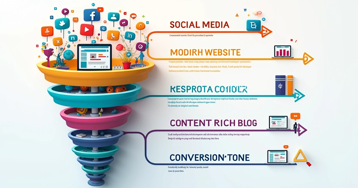 Funil de captação de alunos com integração entre site, redes sociais e blog. 