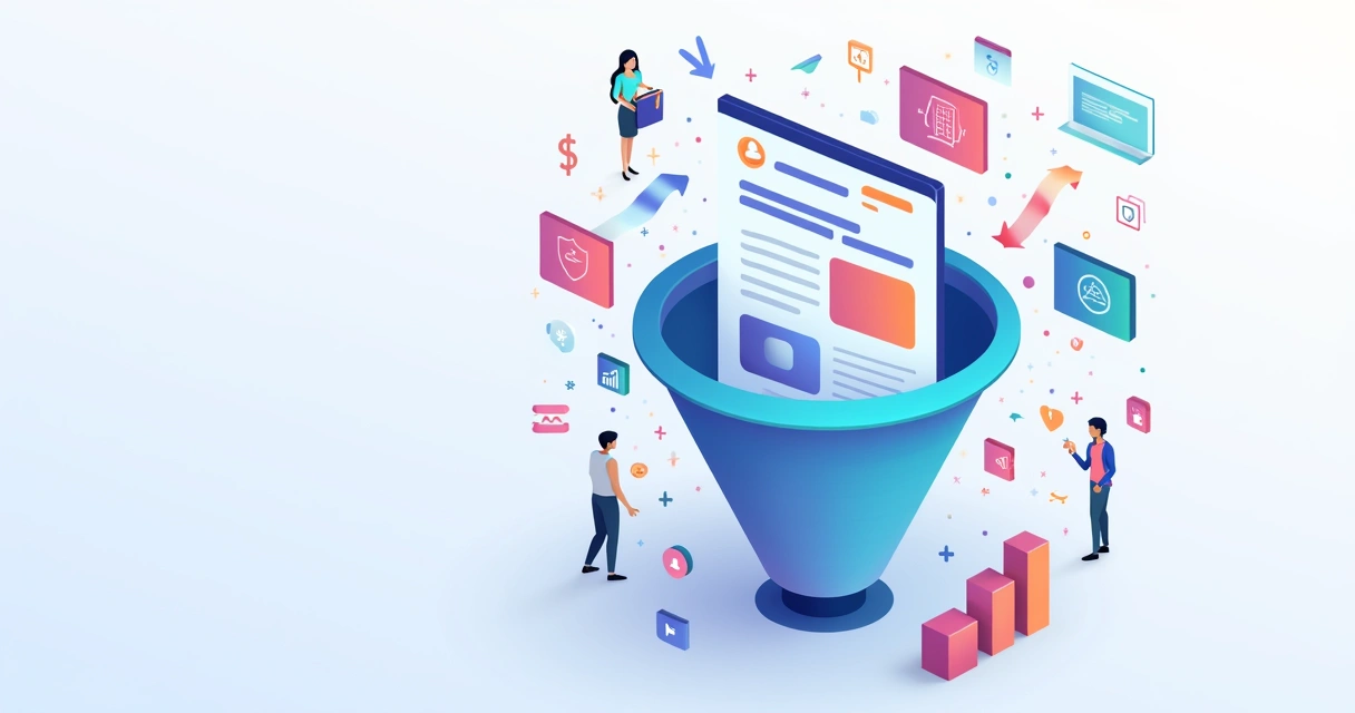 Funil de marketing com landing pages e ícones de conversão em estilo flat corporativo 