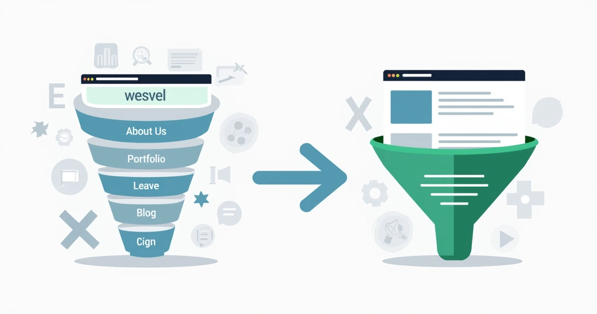 Comparação visual entre uma landing page e um site com estrutura de funil de vendas