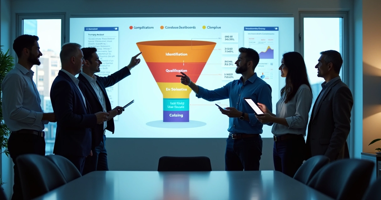 Equipe de vendas analisando funil de leads em painel digital 