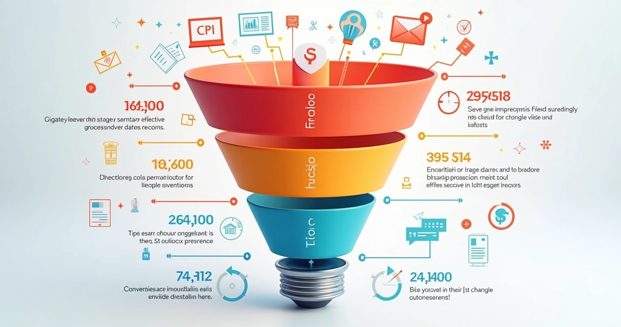 Representação visual de um funil colorido mostrando etapas de geração e qualificação de leads