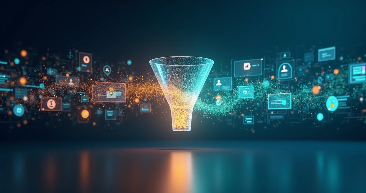 Representação visual de leads fluindo em funil para quadro Kanban digital 