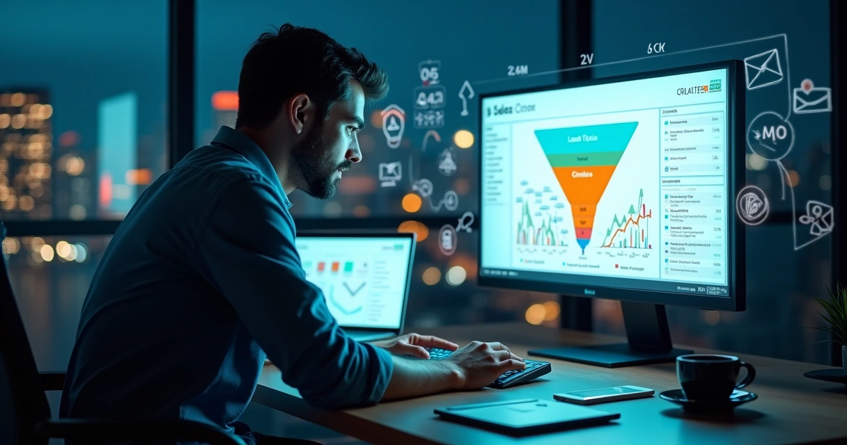 Gestor de marketing analisando leads frios em um funil de vendas digital 