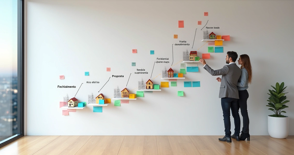 Funil de leads imobiliários representado por cards coloridos ligados a imóveis em miniatura 