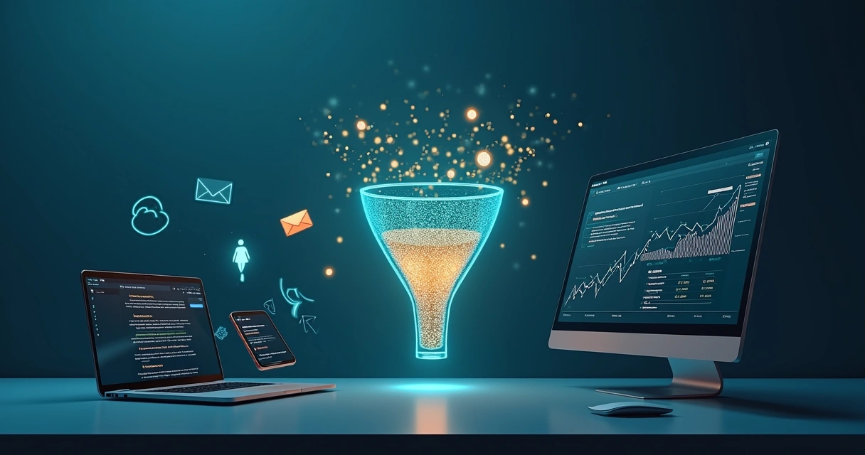 Funil de marketing digital com leads entrando por vários canais online 