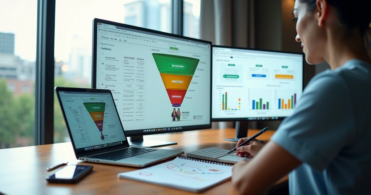 Profissional analisa funil de leads qualificados em painel com gráficos 