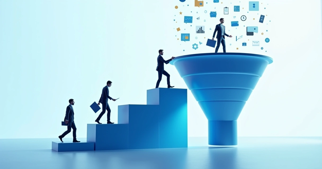 Ilustração de funil de vendas azul com pessoas seguindo etapas acima de fundo claro 
