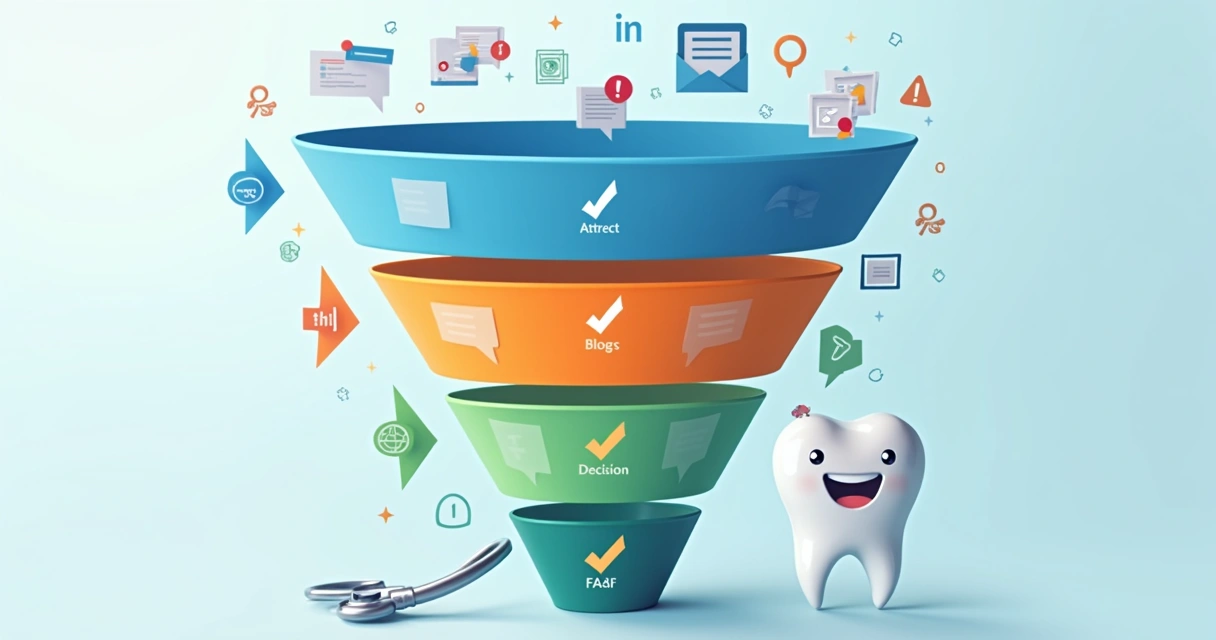 Funil de marketing de conteúdo com etapas detalhadas para clínicas, setas mostrando conversão de visitantes até pacientes 