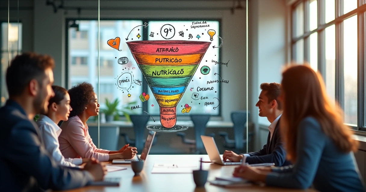 Funil de marketing colorido com etapas de aquisição de alunos em quadro de vidro 