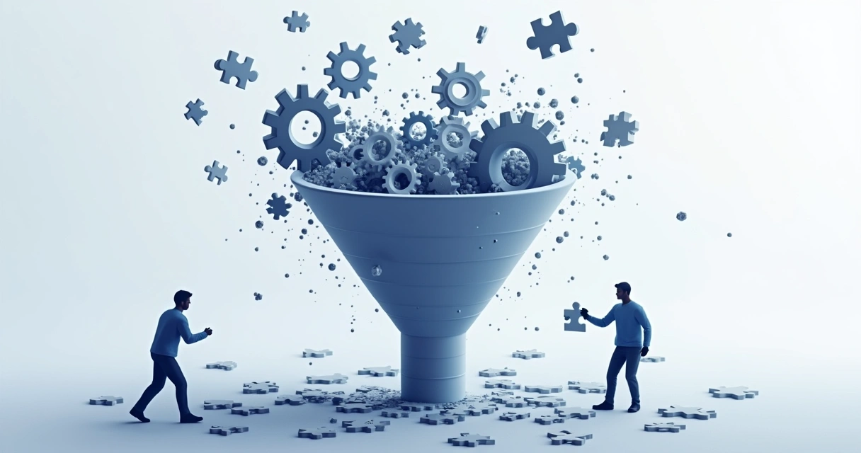 Representação de um funil de vendas com engrenagens desalinhadas e leads caindo fora do processo. 
