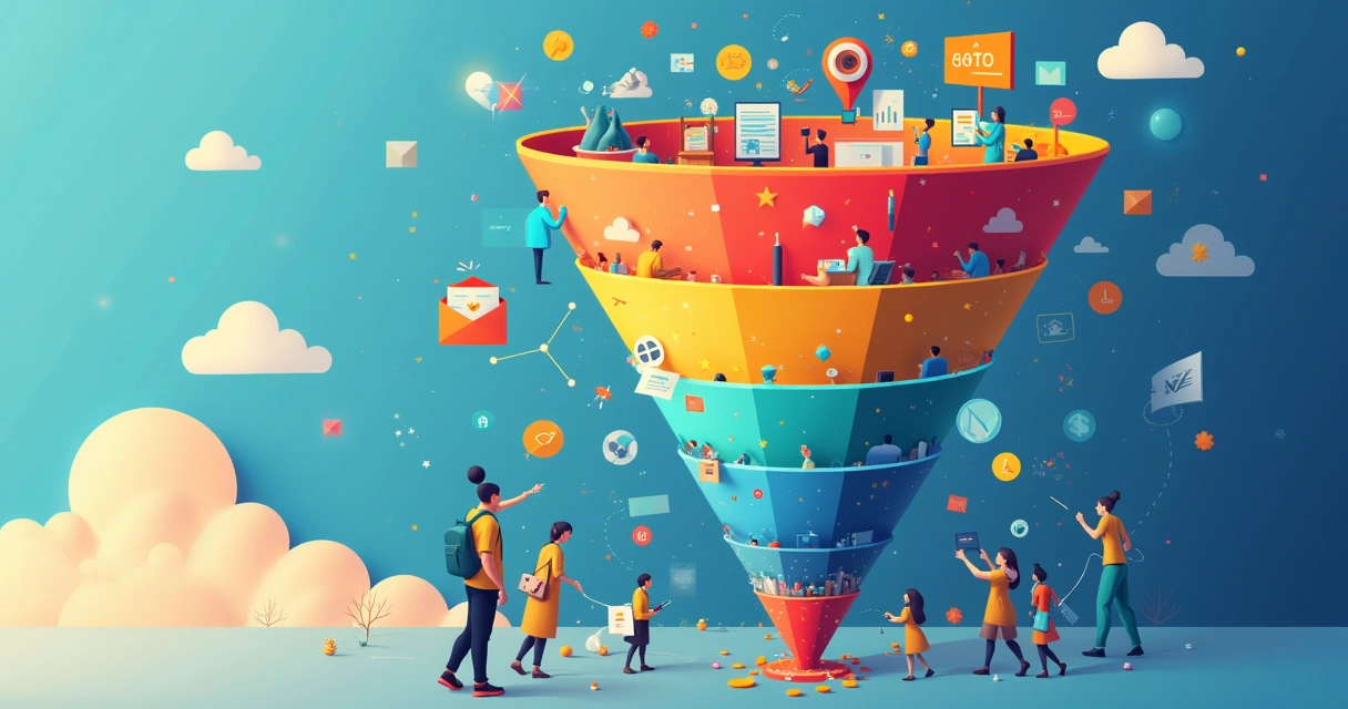 Exemplo visual de funil de marketing digital, com diferentes canais levando ao último clique 