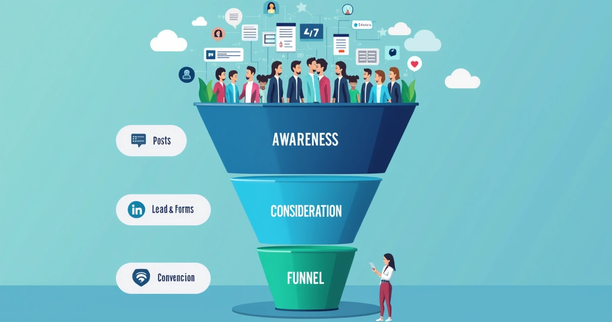 Funil de marketing com etapas do LinkedIn bem definidas 