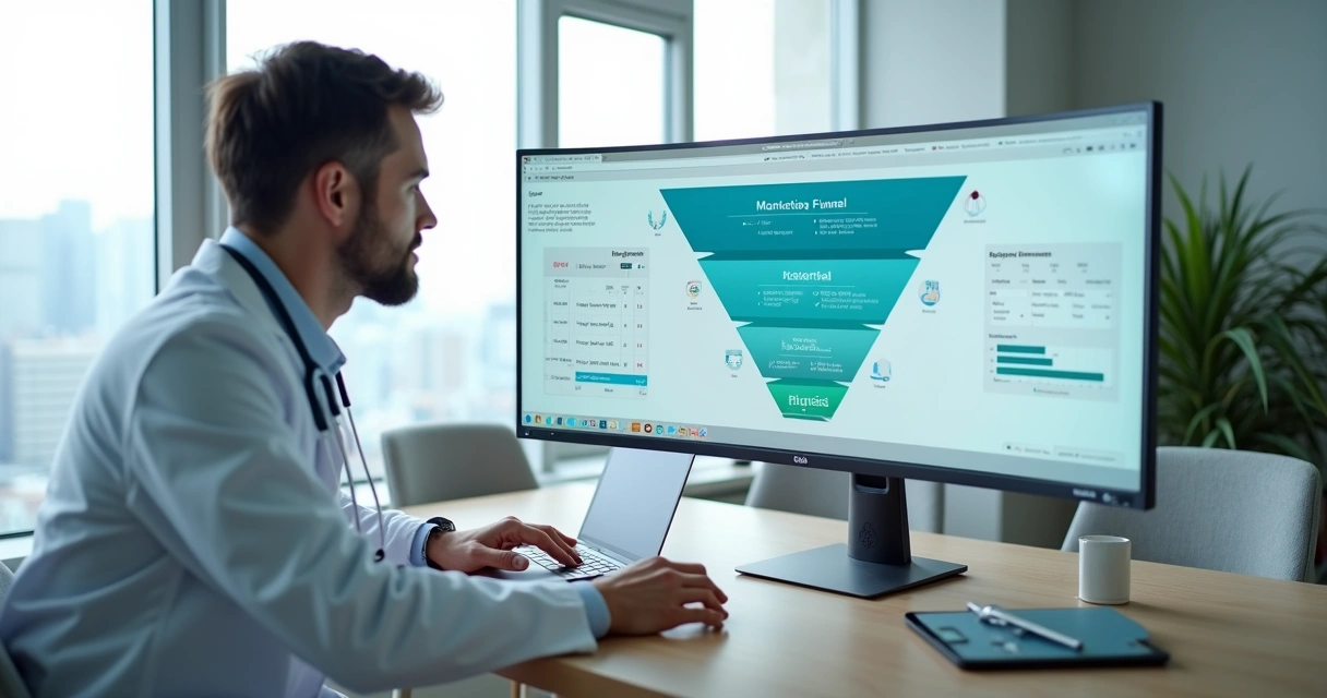 Médico em consultório analisando funil de marketing com agenda cheia na tela 