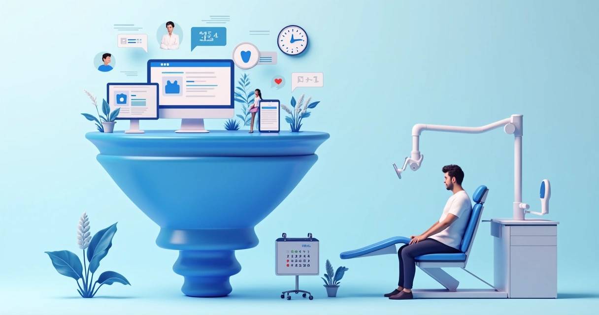 Ilustração do funil do marketing odontológico, com estágios desde a visualização do anúncio até o comparecimento do paciente