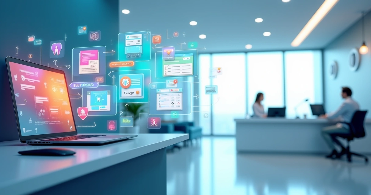 Fluxo de funil de marketing com anúncios digitais, leads qualificados e agendamento na clínica odontológica 