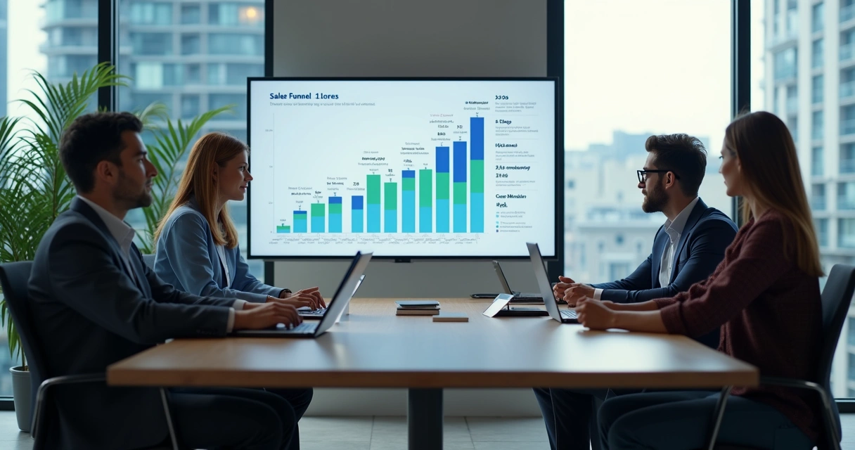 Equipe analisando funil de marketing odontológico em tela 