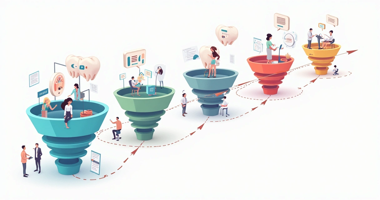 Ilustração colorida de funil de marketing odontológico com etapas visuais desde atração até fechamento e recompra, com ícones explicativos, fundo branco, layout didático. 