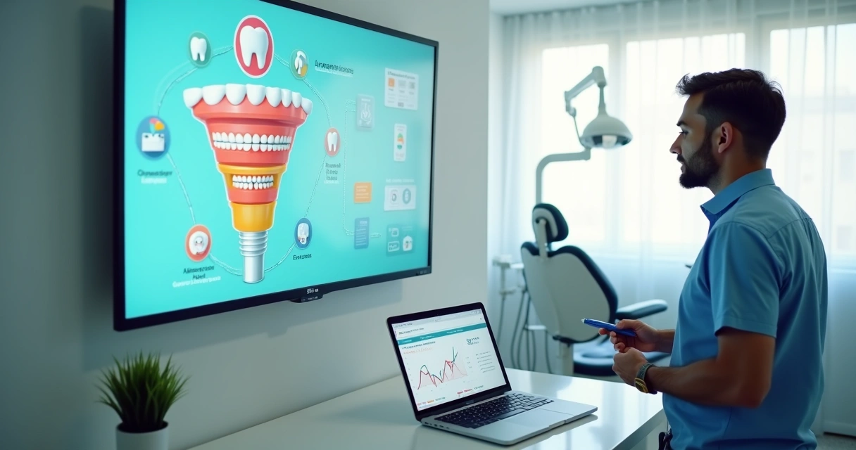 Dentista analisa funil de marketing de ortodontia em tela com ícones de pacientes e etapas do funil 