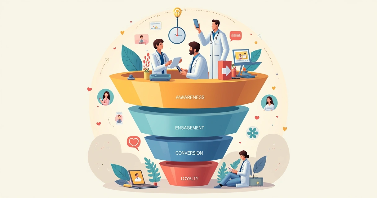 Diagrama colorido mostrando um funil de marketing adaptado ao setor de saúde 